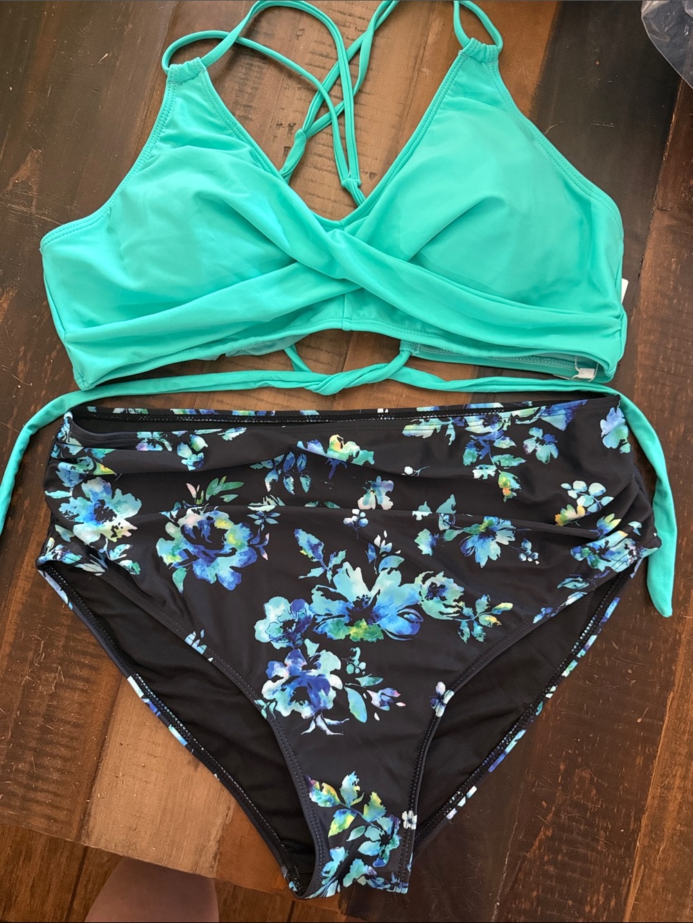 Turquoise Crisscross Bikini Top with Floral High-Waist Bottom